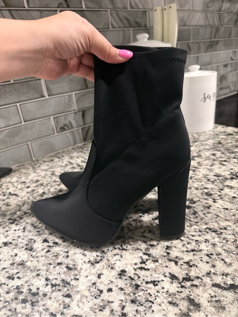 Women's Black Stretch Sock Ankle Boots with Block Heel - Picture 1 of 3